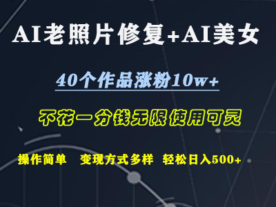 AI老照片修复+AI美女玩发  40个作品涨粉10w+  不花一分钱使用可灵  操作简单  变现方式多样话   轻松日去500+-天下副业