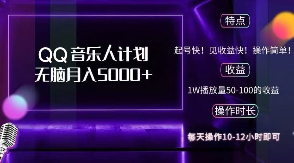 2024 QQ音乐人计划，轻松月入5000+，纯无脑操作，可批量放大操作-天下副业