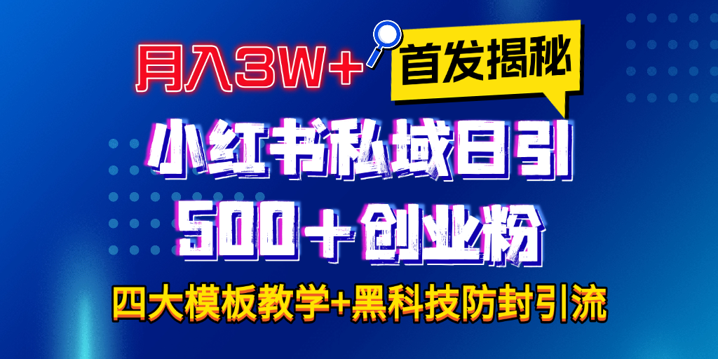 首发揭秘小红书私域日引500+创业粉四大模板，月入3W+全程干货！没有废话！保姆教程！-天下副业