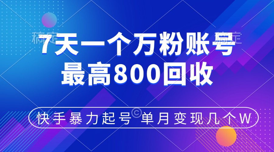 快手暴力起号，7天涨万粉，小白当天起号，多种变现方式，账号包回收，单月变现几个W-天下副业