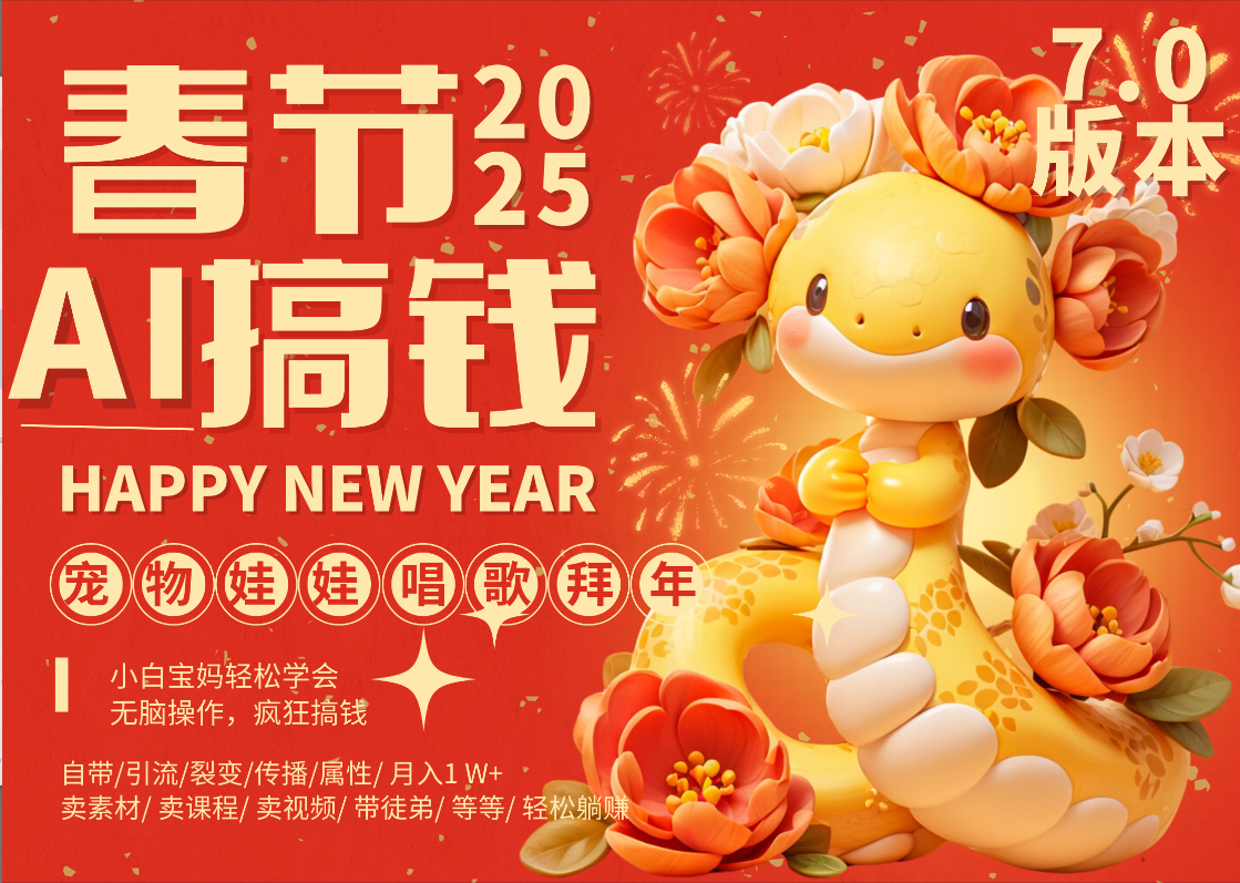 AI春节搞钱7.0升级版 蝴蝶号超火爆萌宠唱歌拜年  AI一键制作 批量出内容   春节做轻松躺赚 每日轻松十分钟  月赚米1W+  抓紧冲！可做视频 可卖素材只带小白和宝妈！-天下副业