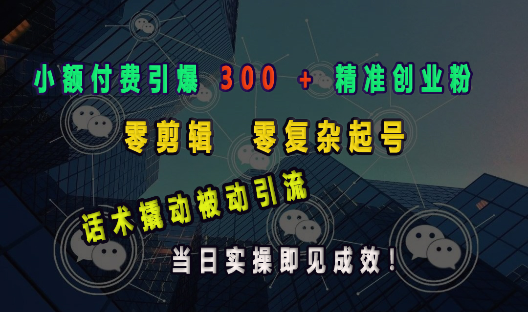 小额付费引爆 300 + 精准创业粉，零剪辑、零复杂起号，话术撬动被动引流，当日实操即见成效！-天下副业