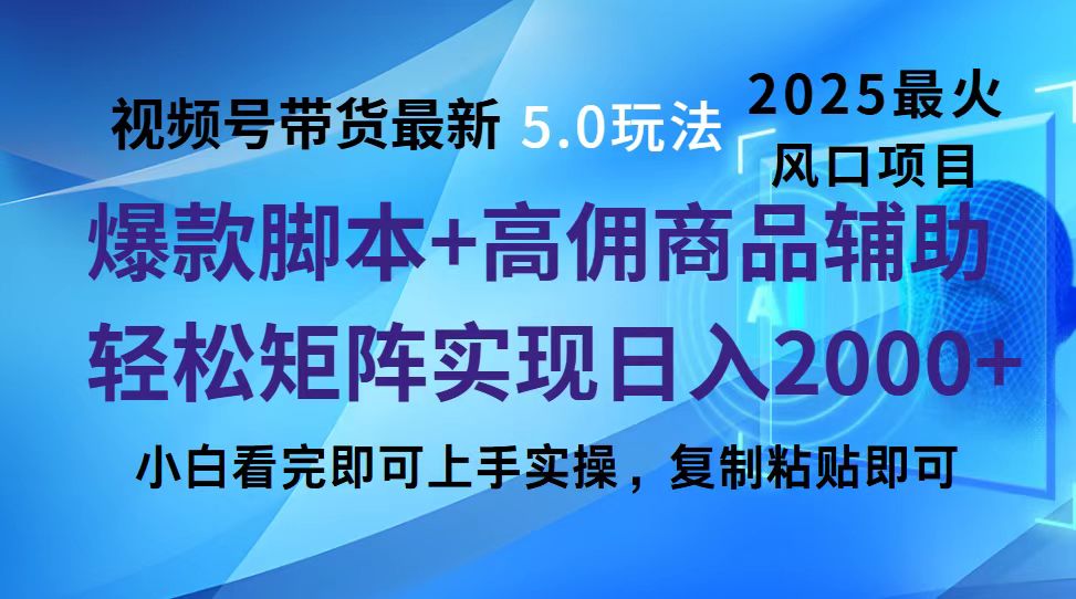 视频号带货最新5.0玩法，作品制作简单，当天起号，复制粘贴，脚本辅助，轻松矩阵日入2000+-天下副业