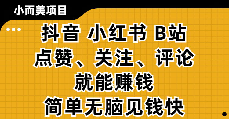 小而美的项目，抖音、小红书、B站视频点赞、关注、评论就能赚钱，简单无脑立见收益！妥妥的零撸项目-天下副业
