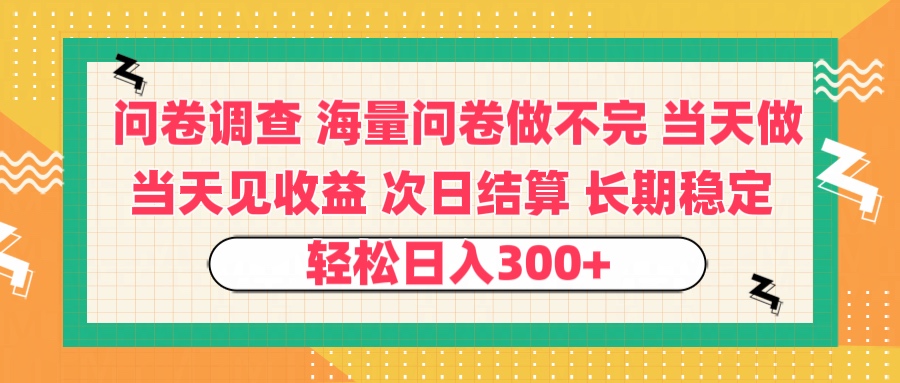 问卷调查 一手资源海量问卷做不完 次日结算 可全职可兼职 长效稳定 当天做当天见收益 轻松日入300+-天下副业