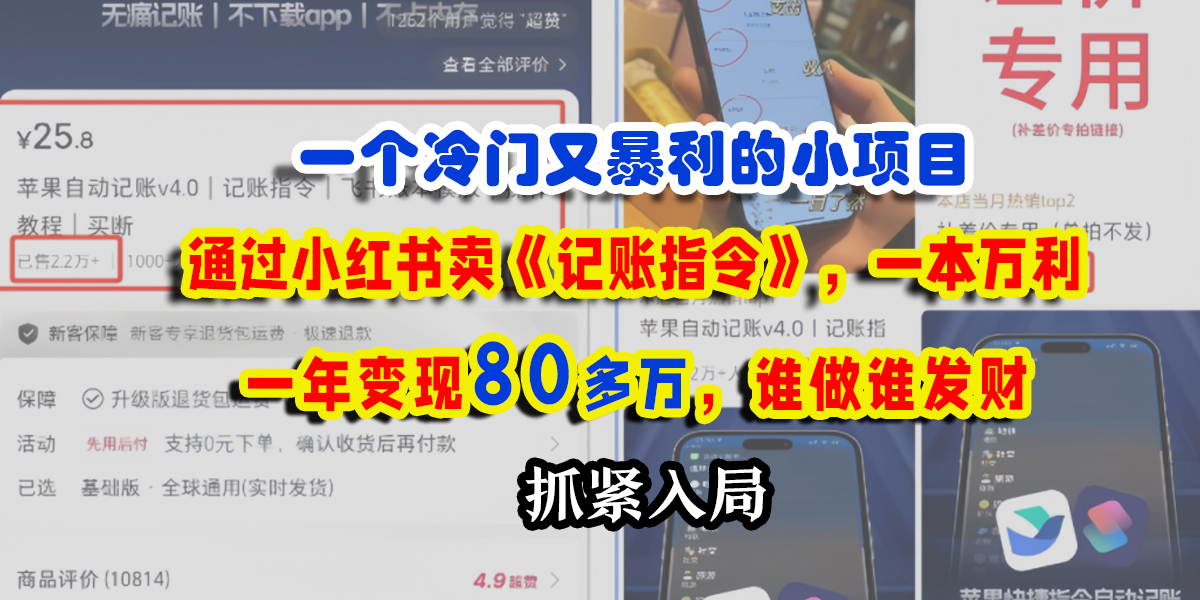 一个冷门又暴利的小项目，通过小红书卖《记账指令》，一本万利，一年变现80多万，谁做谁发财-天下副业