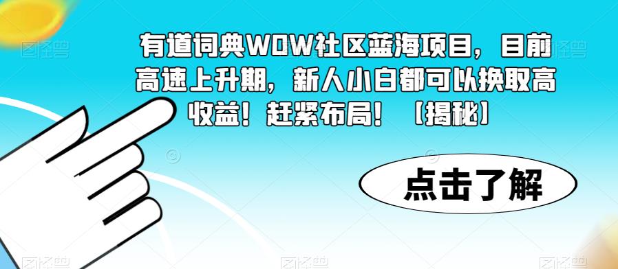 【副业项目6108期】有道词典WOW社区蓝海项目，目前高速上升期，新人小白都可以换取高收益！赶紧布局！【揭秘】-天下副业