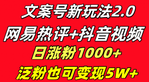 【副业项目8628期】文案号新玩法 网易热评+抖音文案 一天涨粉1000+-天下副业