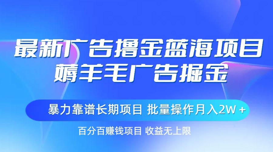 最新广告撸金蓝海项目，薅羊毛广告掘金 长期项目 批量操作月入2W＋-天下副业