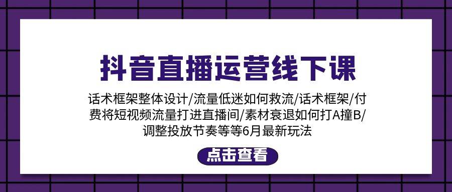 抖音直播运营线下课：话术框架/付费流量直播间/素材A撞B/等6月新玩法-天下副业