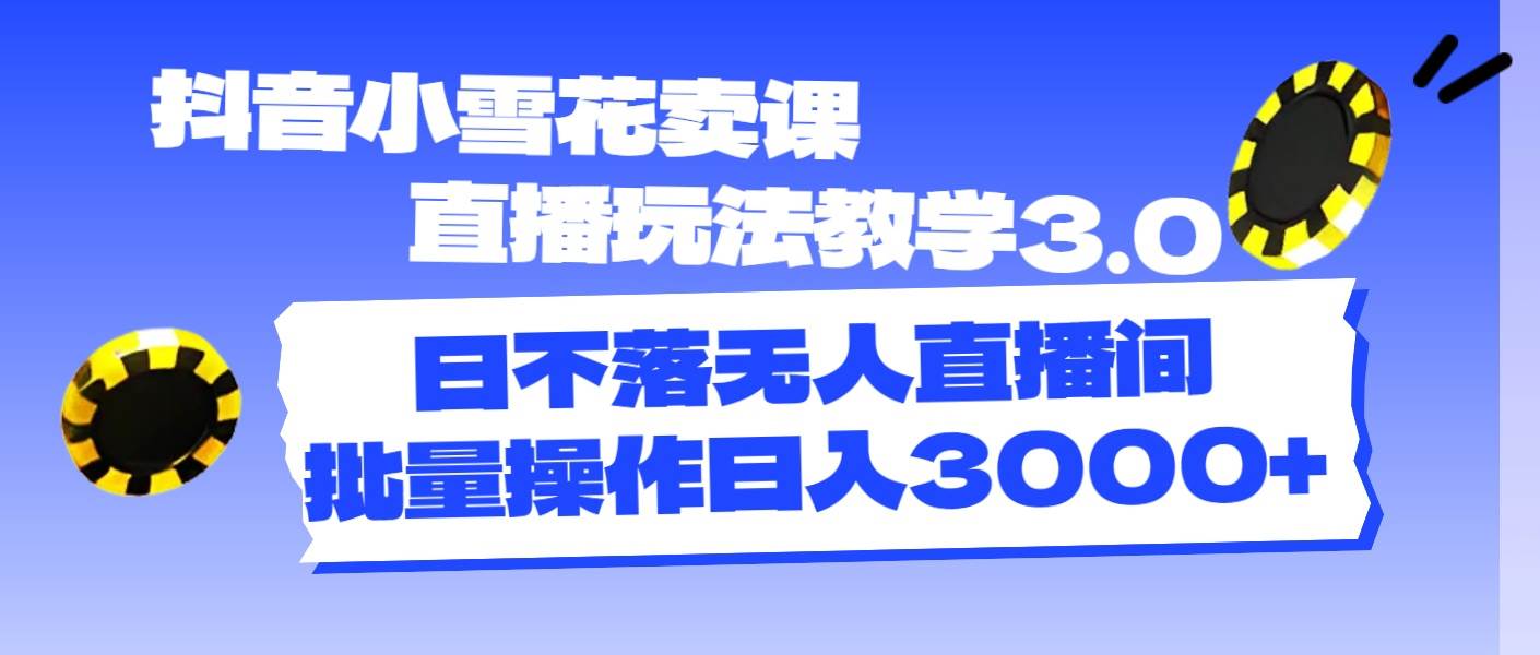 抖音小雪花卖课直播玩法教学3.0，日不落无人直播间，批量操作日入3000+-天下副业