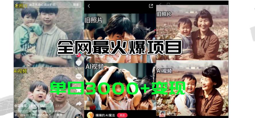 全网爆火的AI让老照片动起来教程，蹭热点日赚3000+，内含免费工具一键…-天下副业