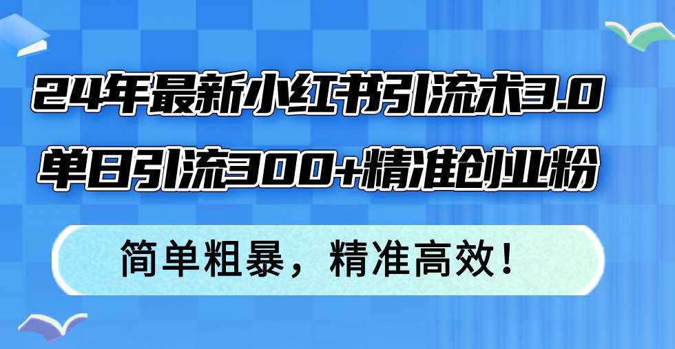 24年最新小红书引流术3.0，单日引流300+精准创业粉，简单粗暴，精准高效！-天下副业